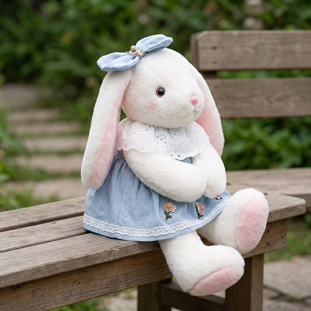 White bunny soft toy in a light blue floral dress with eyelet collar and head bow – view 6 of 6