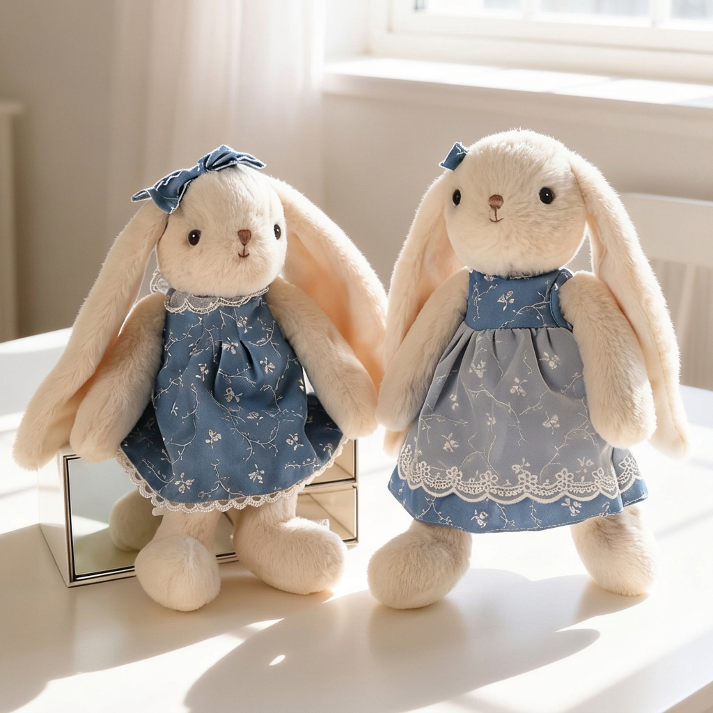 Cream plush bunny soft toy with long floppy ears in a blue floral lace dress – view 6 of 7