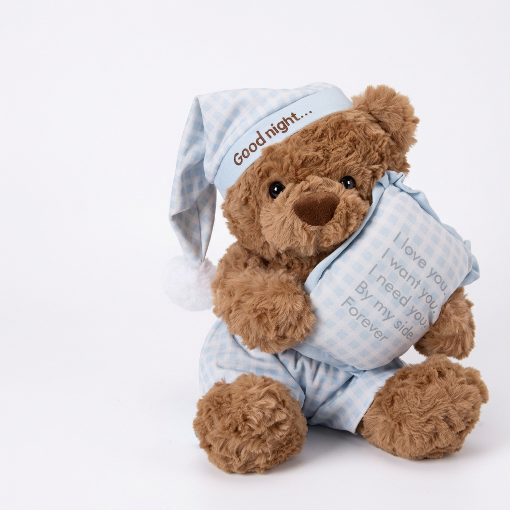 Sleepy teddy bear in checked nightcap and shorts holding a small cushion – Sunset Brown, 30cm