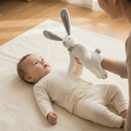 White bunny hand puppet comforter with grey bow tie and baby cloth book – view 4 of 8