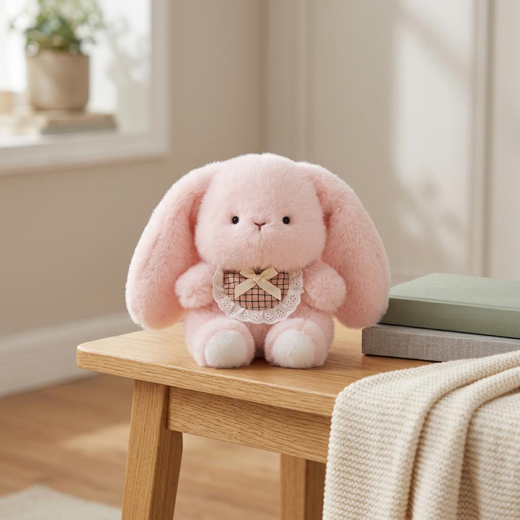 Little sitting plush animal with checked lace-edged bib and ribbon bow – view 10 of 10