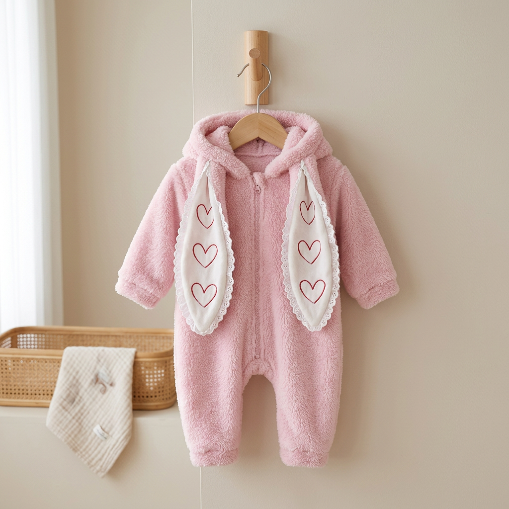 Fluffy hooded bunny baby romper with long heart-patterned ears and front zip – Pink, 66cm