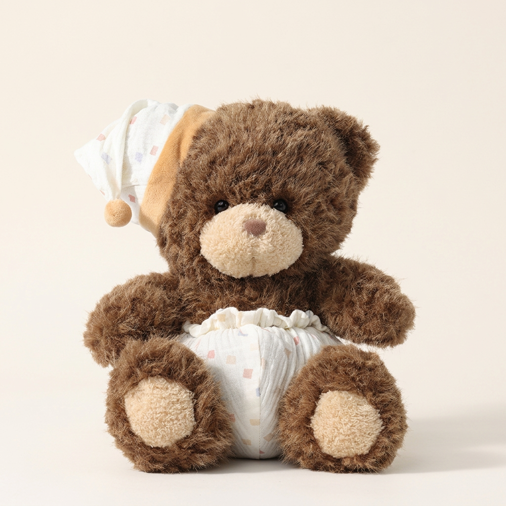 Seated teddy bear soft toy in a patterned nightcap and white fabric nappy, 25cm – Chubby Bear