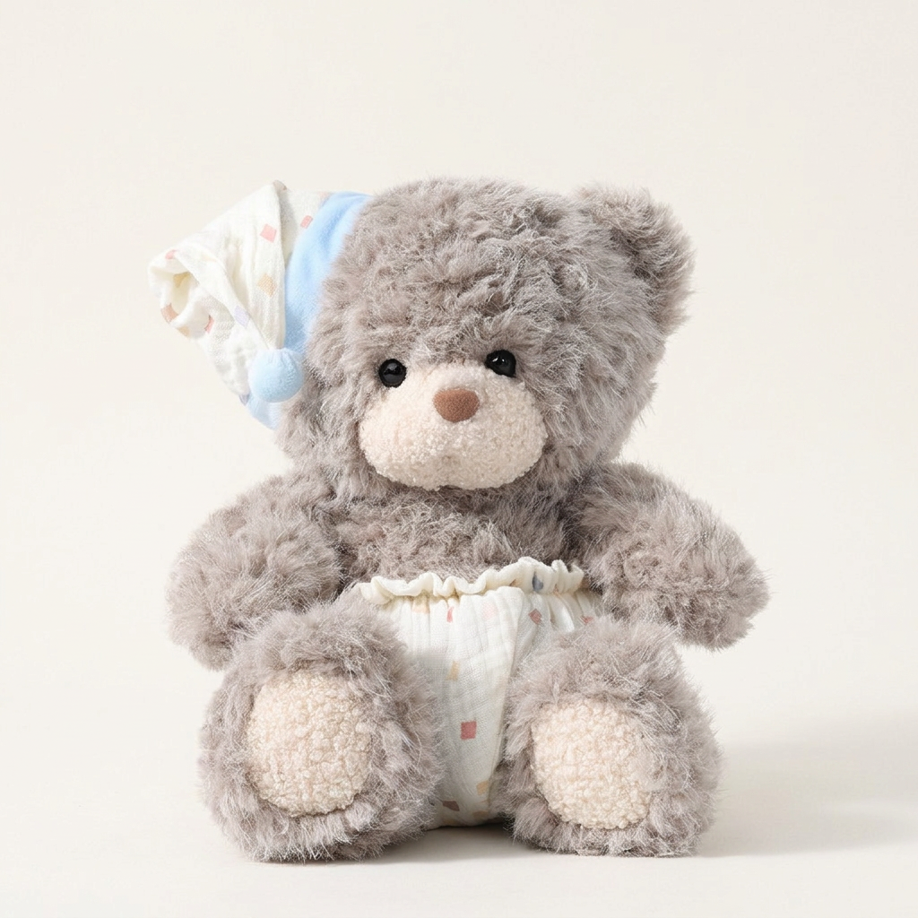 Seated teddy bear soft toy in a patterned nightcap and white fabric nappy, 25cm – Dozy Bear