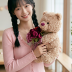 Curly beige teddy bear holding burgundy and mauve fabric flower bouquet – view 4 of 7