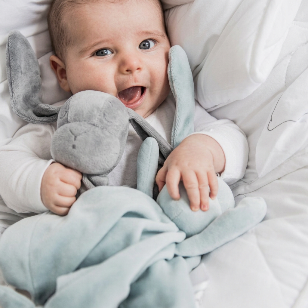 Long-eared plush bunny baby comforter with knotted corners – view 3 of 9