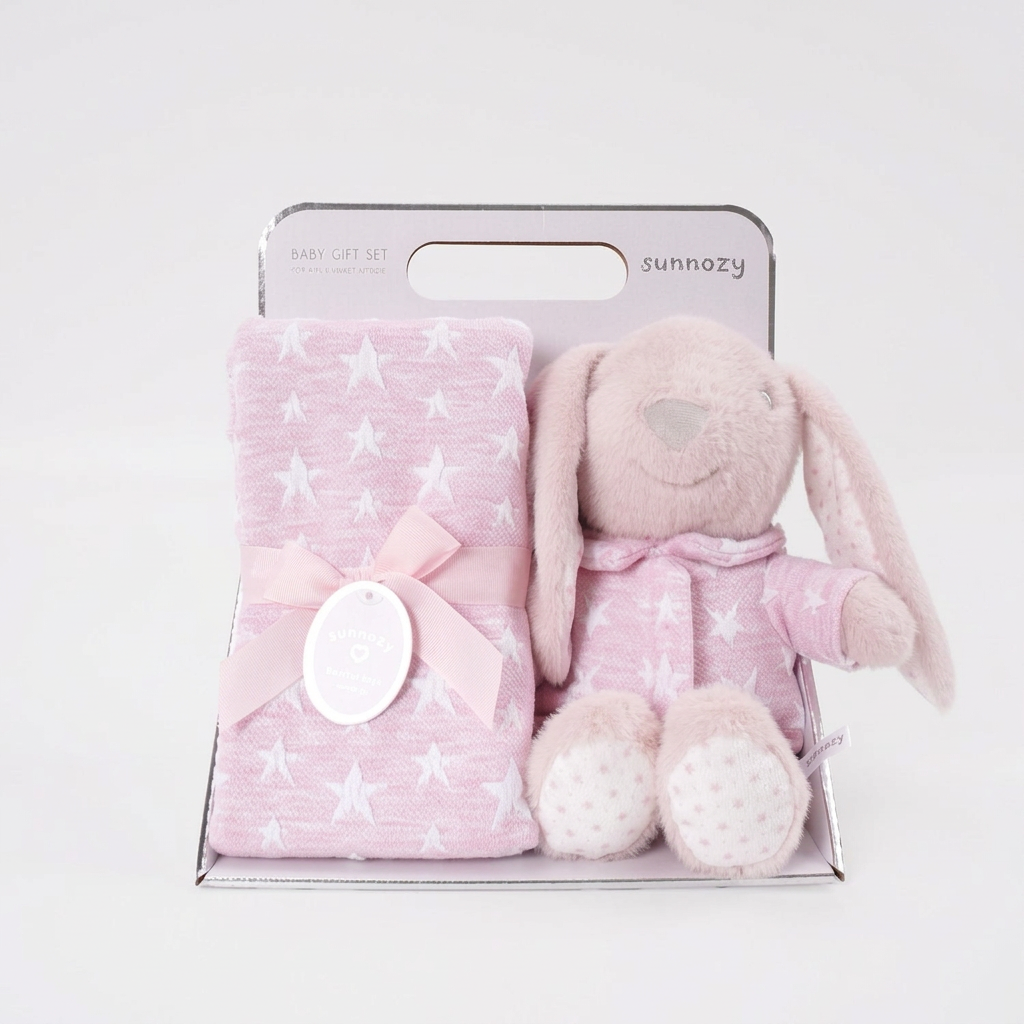 Flannel baby blanket with a matching animal soft toy gift set – Pink Bunny