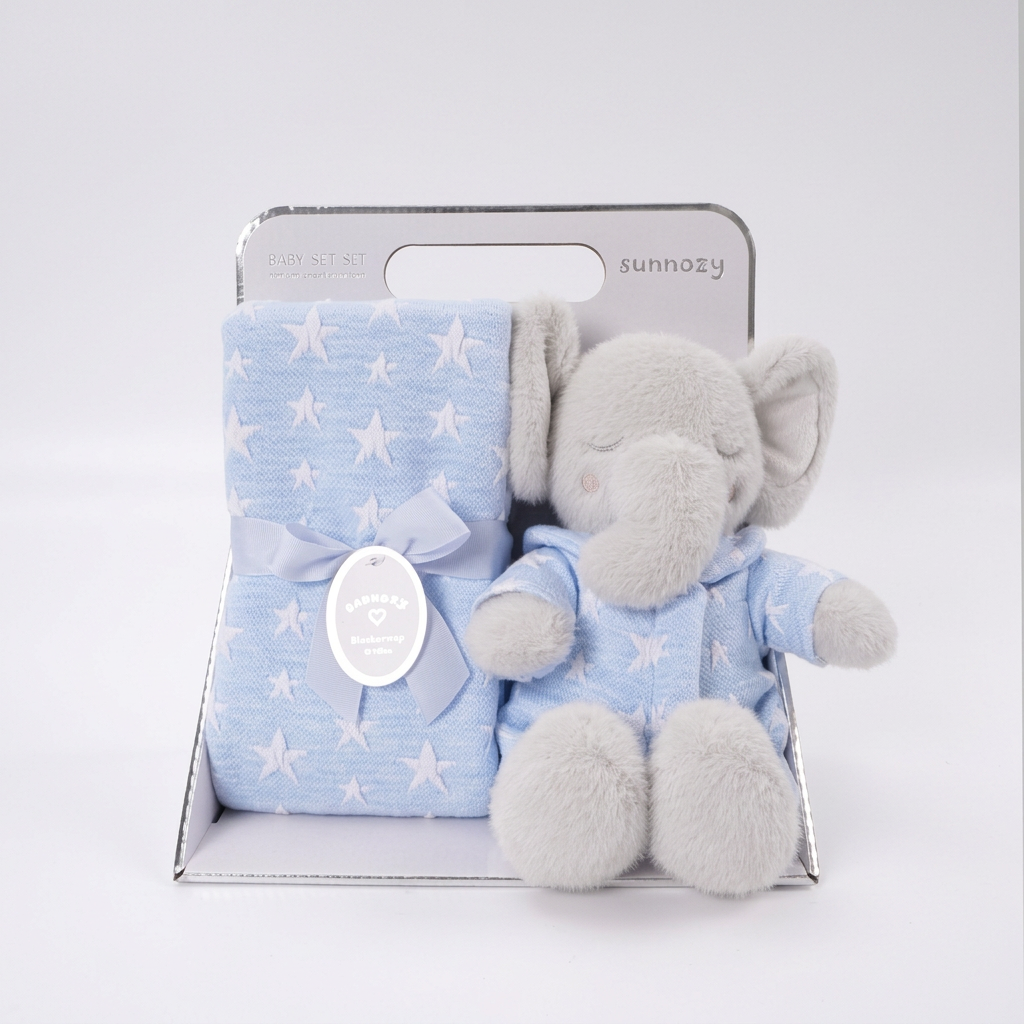 Flannel baby blanket with a matching animal soft toy gift set – Blue Elephant