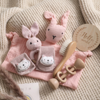 Baby milestone gift box with bunny comforter, crochet ring toy, socks and brush – view 12 of 15