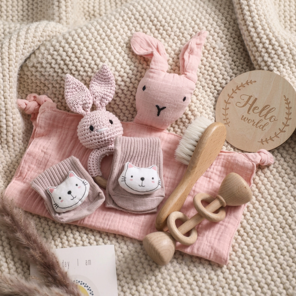 Baby milestone gift box with bunny comforter, crochet ring toy, socks and brush – view 12 of 15