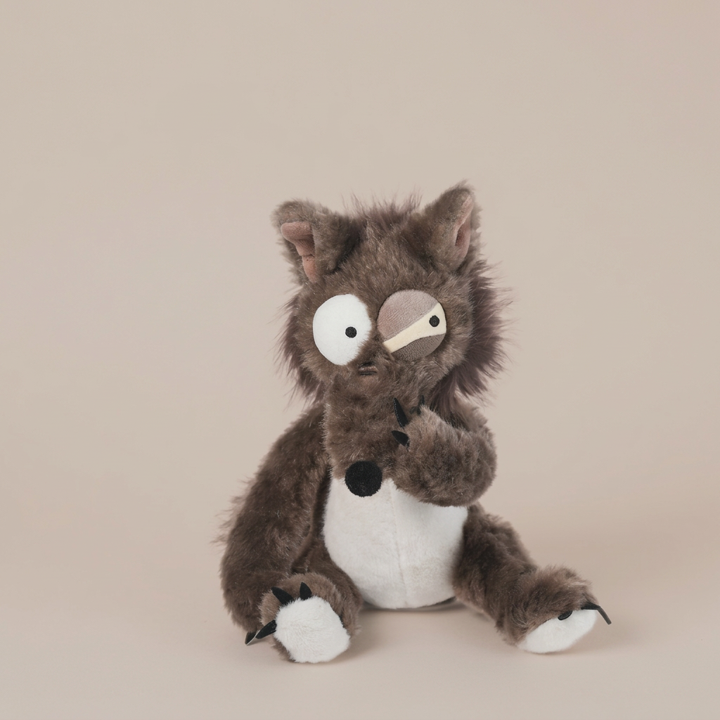 Funny face plush animal soft toy with oversized eyes and textured fur – Tough Wolf, 27cm