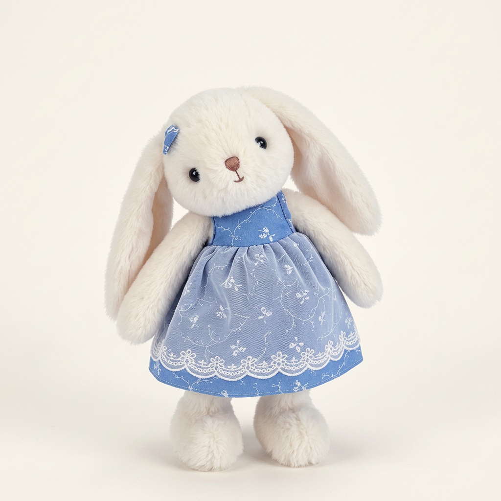 Cream plush bunny soft toy with long floppy ears in a blue floral lace dress – Vintage Outfit