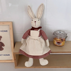 Fabric bunny doll with long ears, red neck bow, dress and apron – Pink, Small 27cm