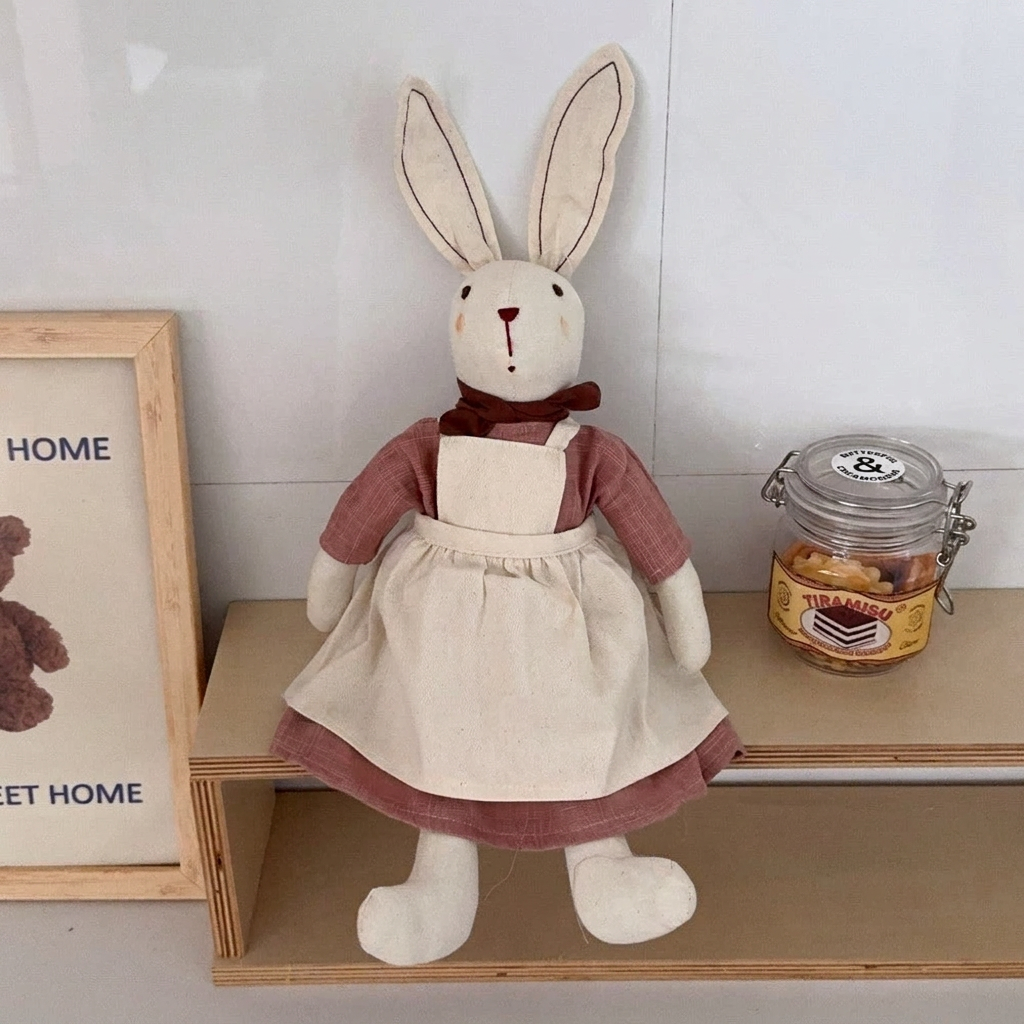 Fabric bunny doll with long ears, red neck bow, dress and apron – Pink, Small 27cm