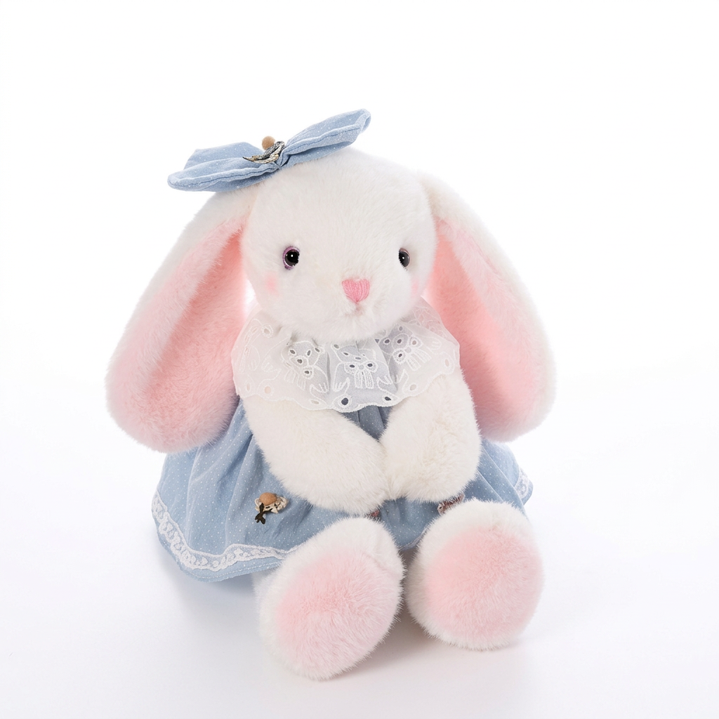 White bunny soft toy in a light blue floral dress with eyelet collar and head bow – Light Blue