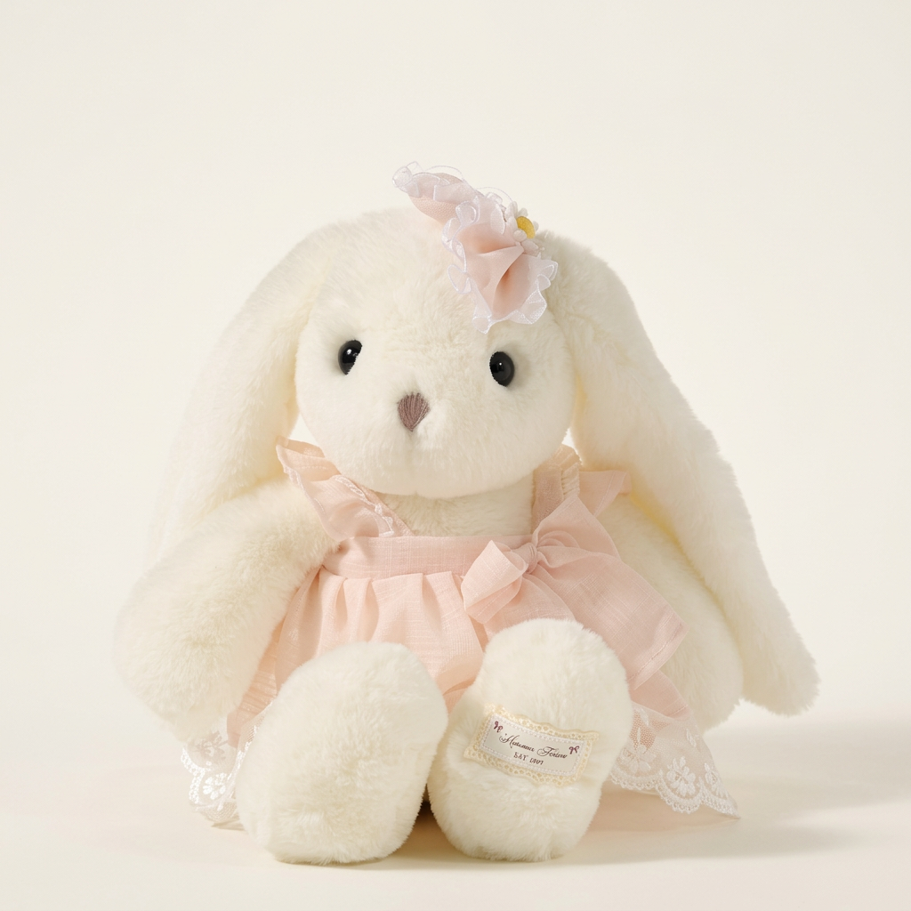 Long-eared cream bunny soft toy in a pastel dress with large bow and daisy ear accent – Pink, 40cm