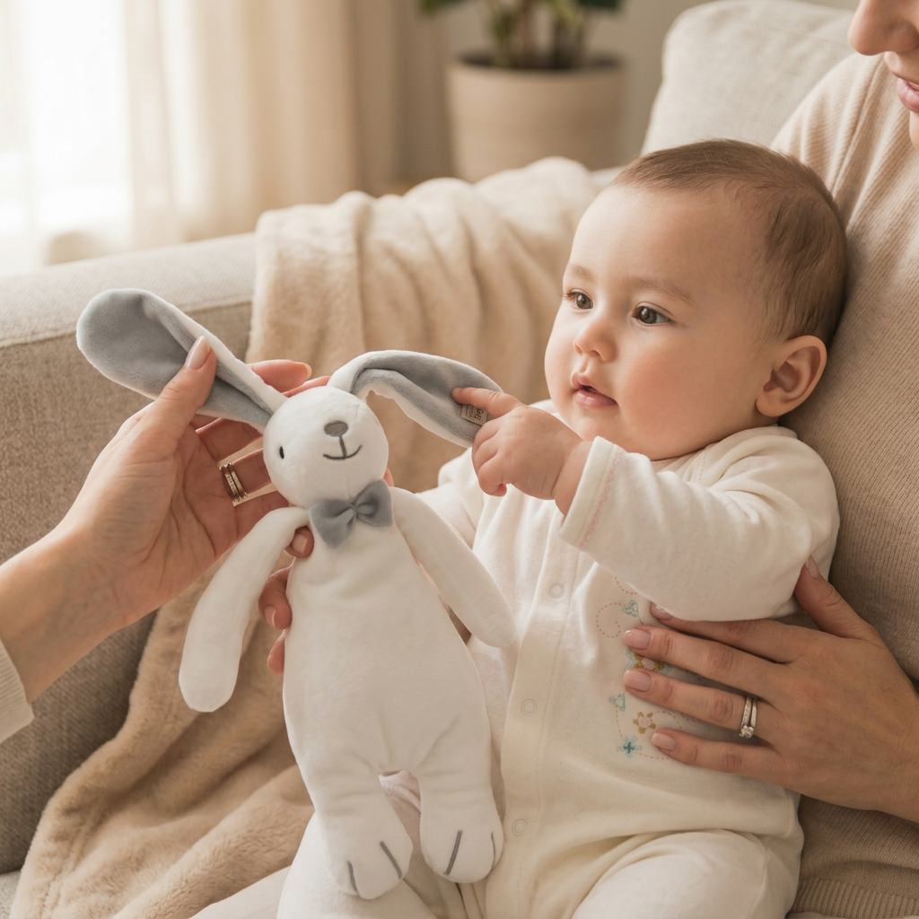 White bunny hand puppet comforter with grey bow tie and baby cloth book – view 3 of 8