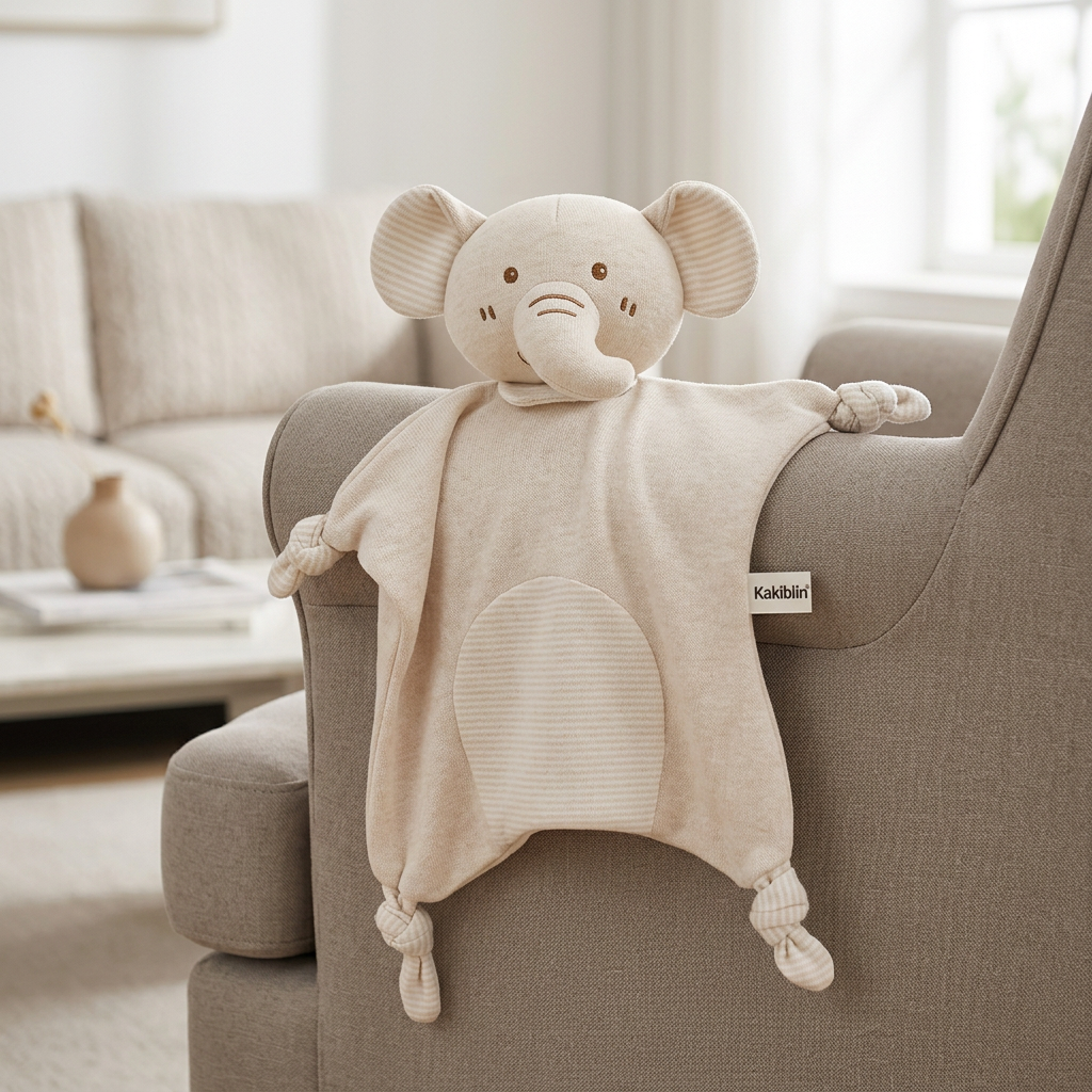 Cream fabric baby comforter with animal head, stitched face and knotted corners – view 6 of 11