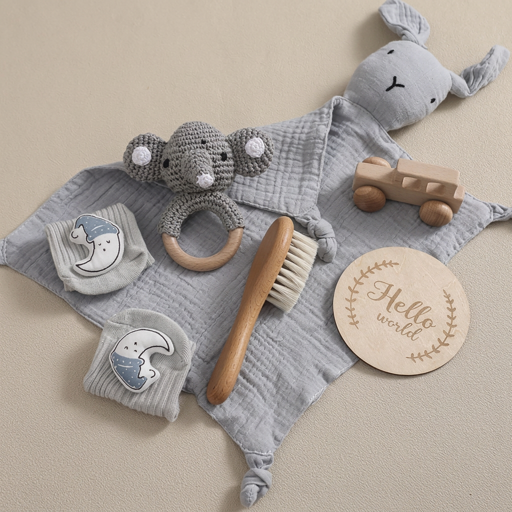 Baby milestone gift box with bunny comforter, crochet ring toy, socks and brush – view 13 of 15