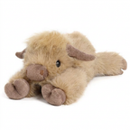 Lying Highland cow soft toy with shaggy golden-tan fur, fringe and brown hooves – view 7 of 7