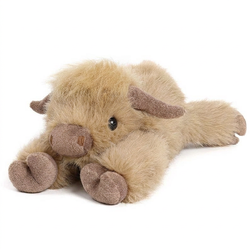 Lying Highland cow soft toy with shaggy golden-tan fur, fringe and brown hooves – view 7 of 7