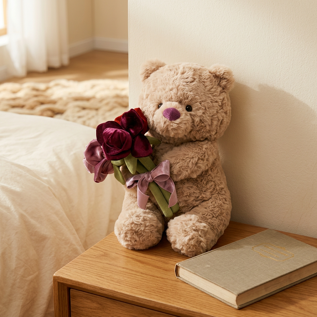 Curly beige teddy bear holding burgundy and mauve fabric flower bouquet – view 7 of 7