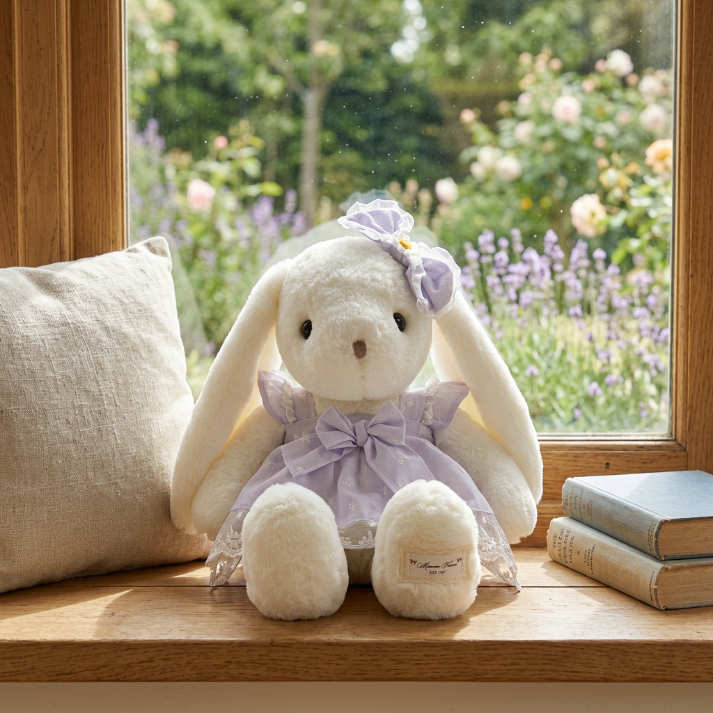 Long-eared cream bunny soft toy in a pastel dress with large bow and daisy ear accent – view 4 of 9