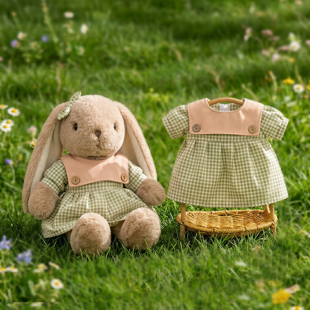 Lop-eared plush bunny in a gingham dress with ear bow and pink button collar – view 5 of 7