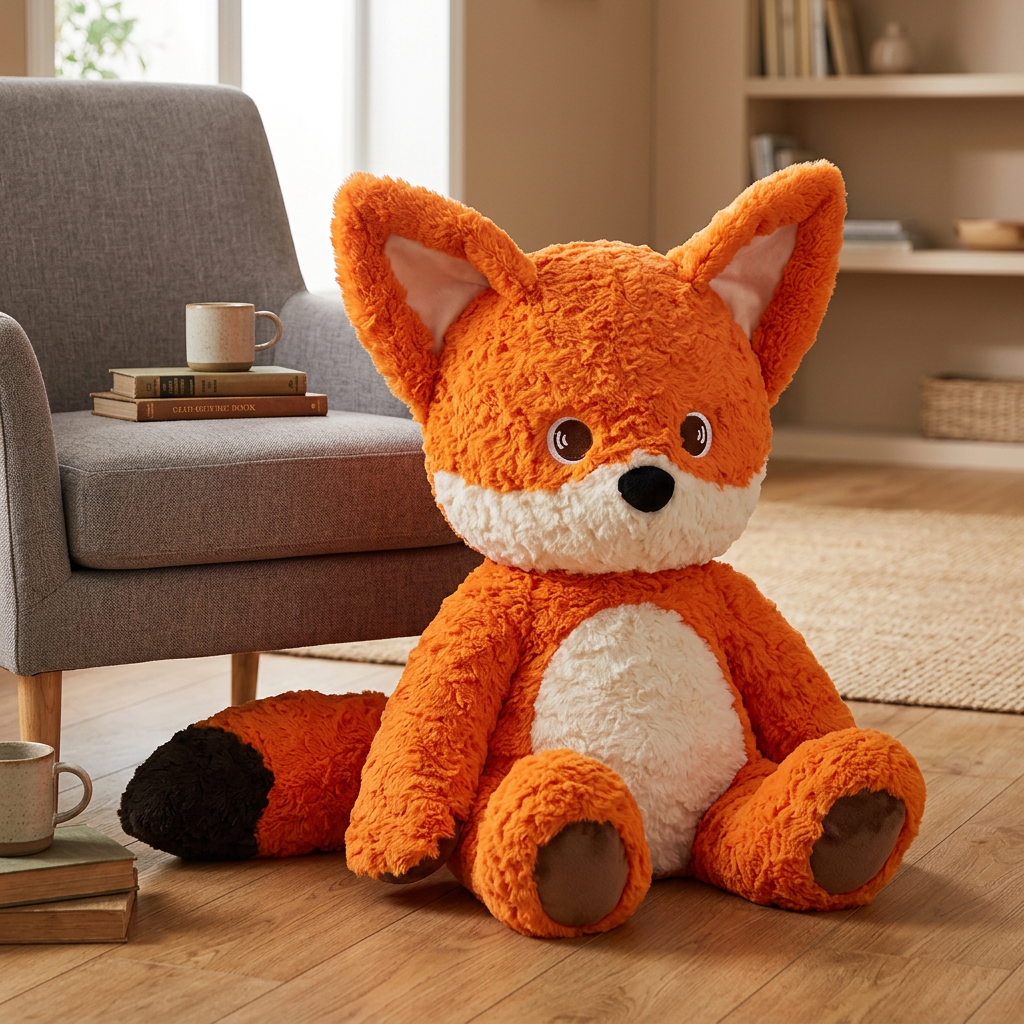 Large seated red fox soft toy with orange fur, cream tummy and black-tipped tail – view 5 of 9