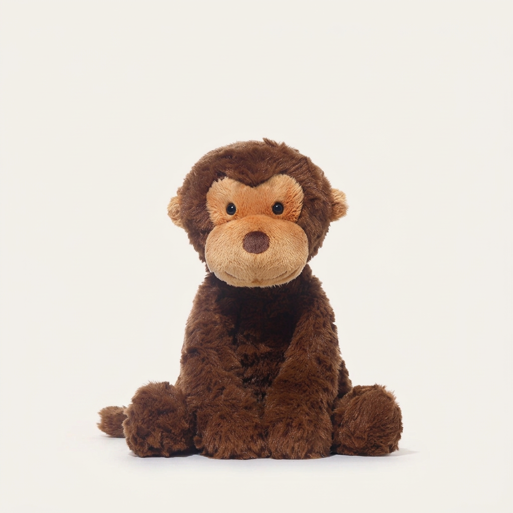 Seated plush border collie, fox, monkey and red panda with weighted bases – Monkey, 24cm