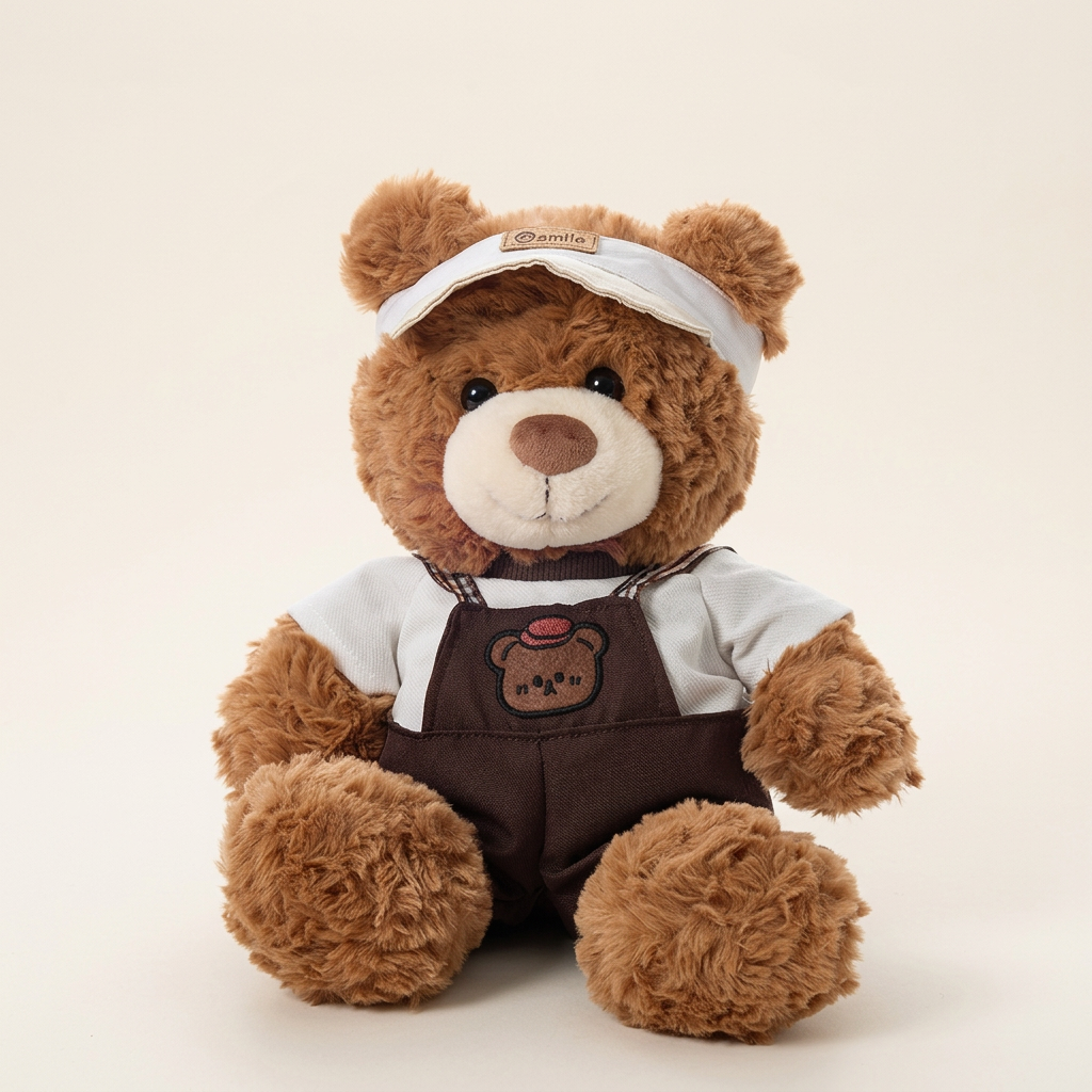 Teddy bear in brown dungarees with checked straps and white visor – Brown
