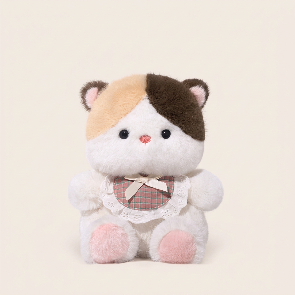 Little sitting plush animal with checked lace-edged bib and ribbon bow – Cat, 20cm