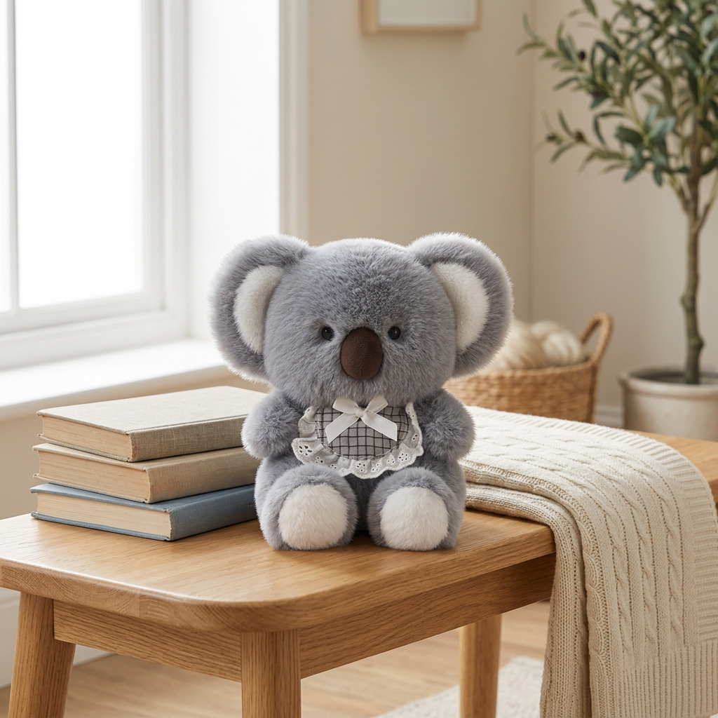 Little sitting plush animal with checked lace-edged bib and ribbon bow – view 7 of 10