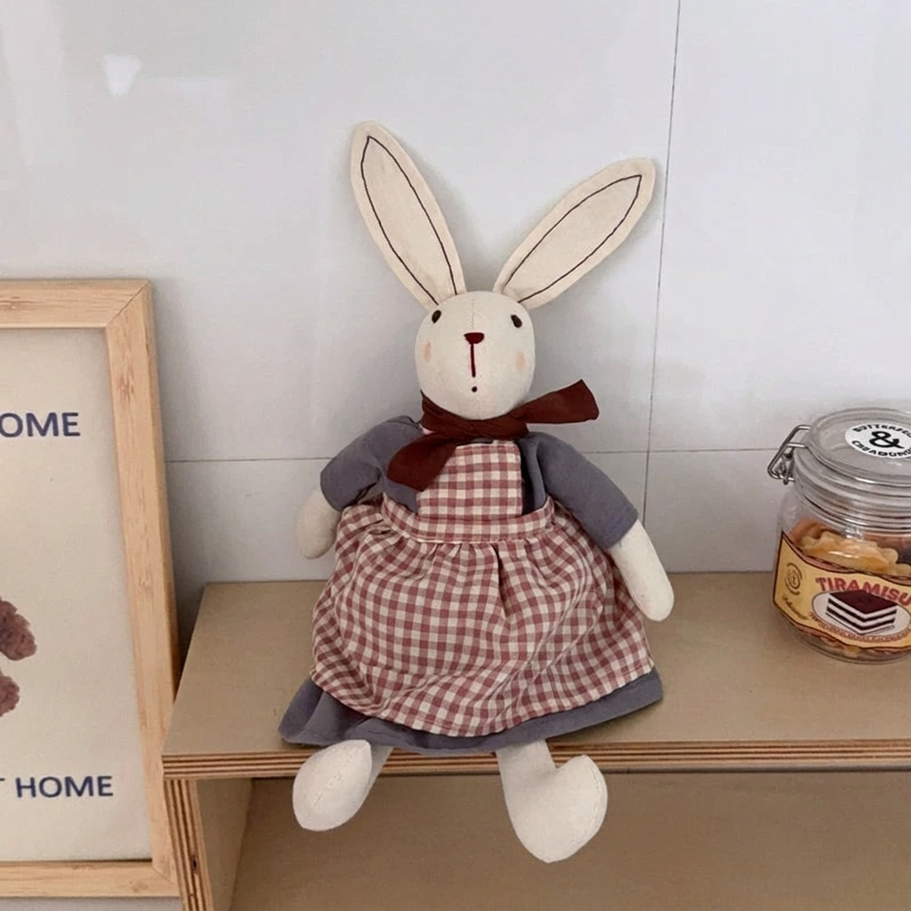 Fabric bunny doll with long ears, red neck bow, dress and apron – Purple, Small 27cm