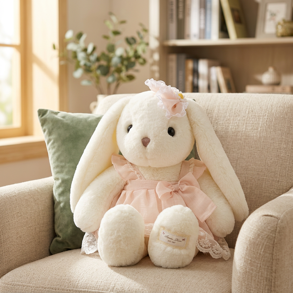 Long-eared cream bunny soft toy in a pastel dress with large bow and daisy ear accent – view 5 of 9