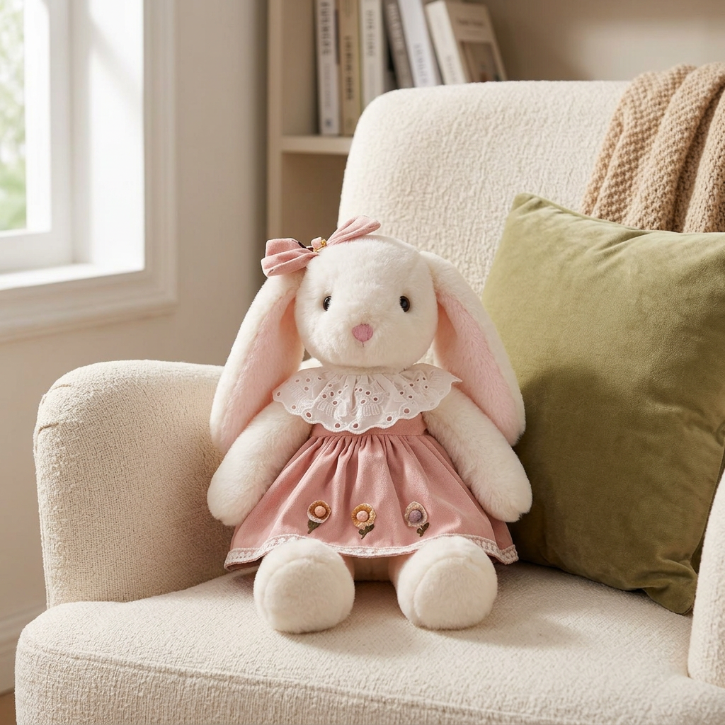 White lop-eared bunny soft toy in a flower-trimmed dress with eyelet collar – view 7 of 8