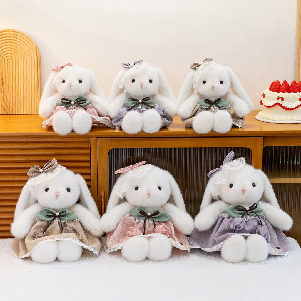 White lop-eared bunny soft toy in a lace-trimmed dress with green collar and head bow – view 4 of 9