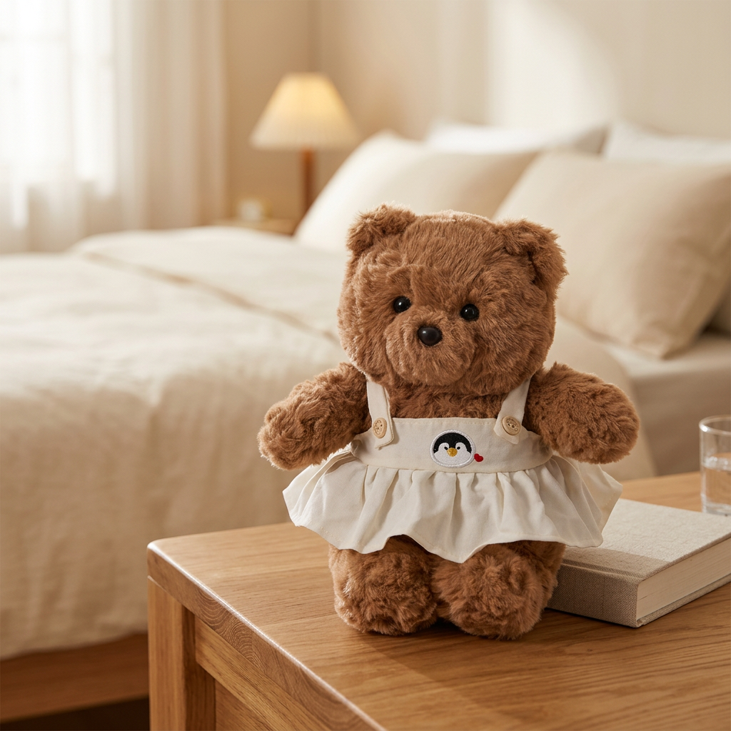 Small brown teddy bear in cream pinafore dress with penguin motif – view 5 of 7