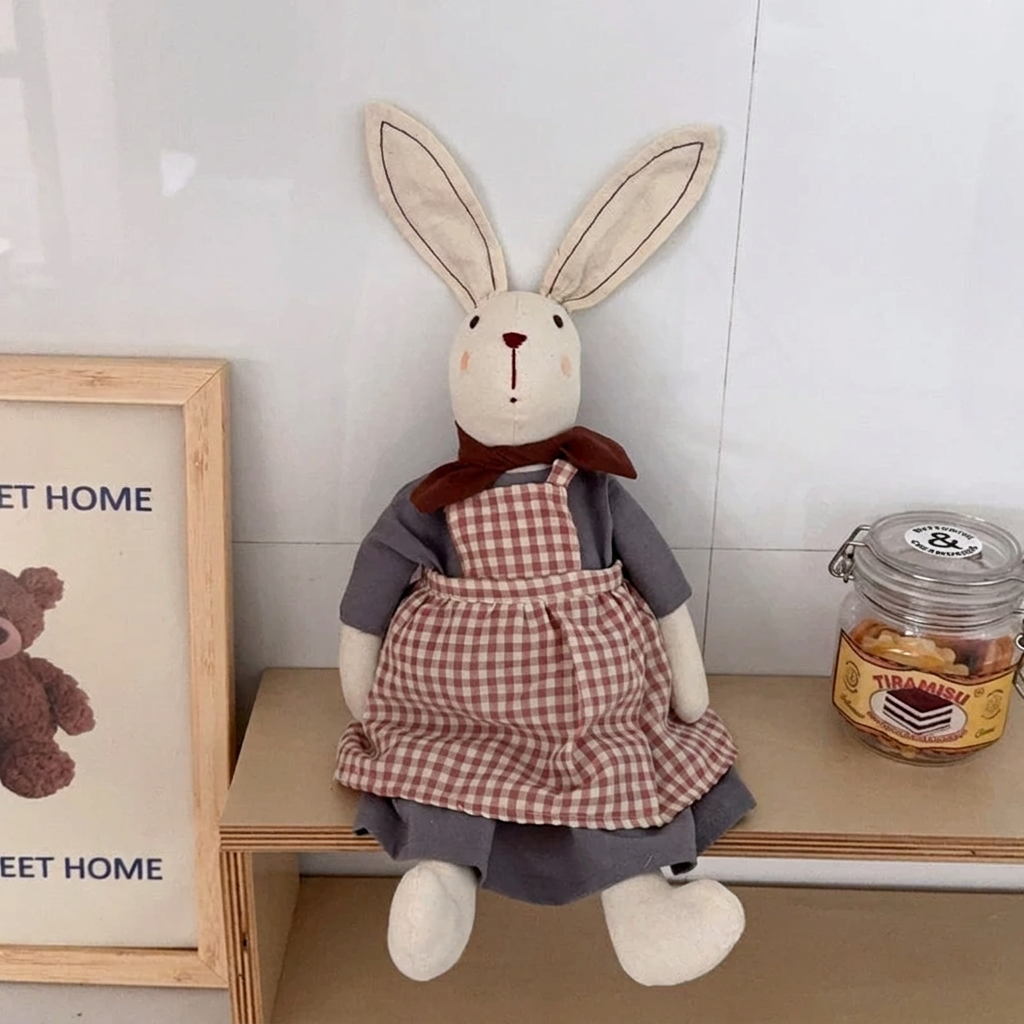 Fabric bunny doll with long ears, red neck bow, dress and apron – Purple Check, Small 27cm