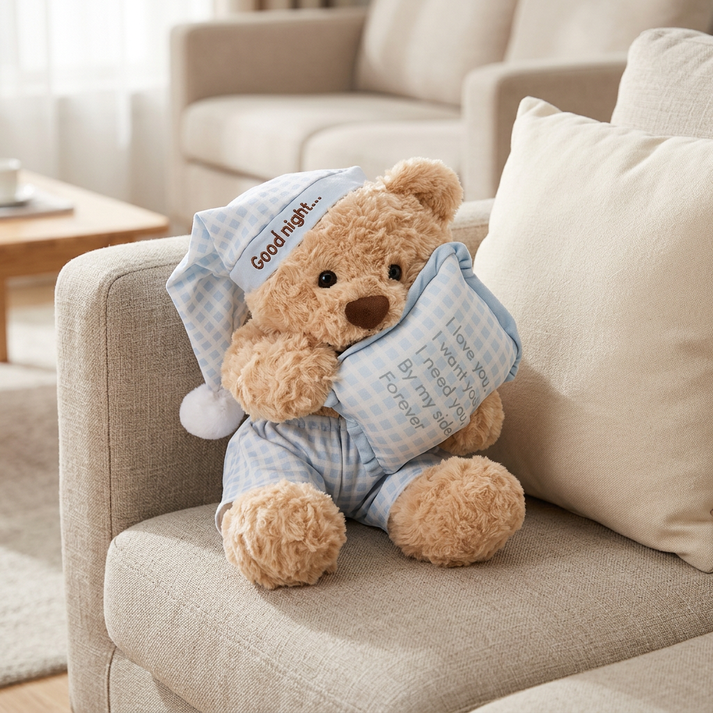 Sleepy teddy bear in checked nightcap and shorts holding a small cushion – view 4 of 9