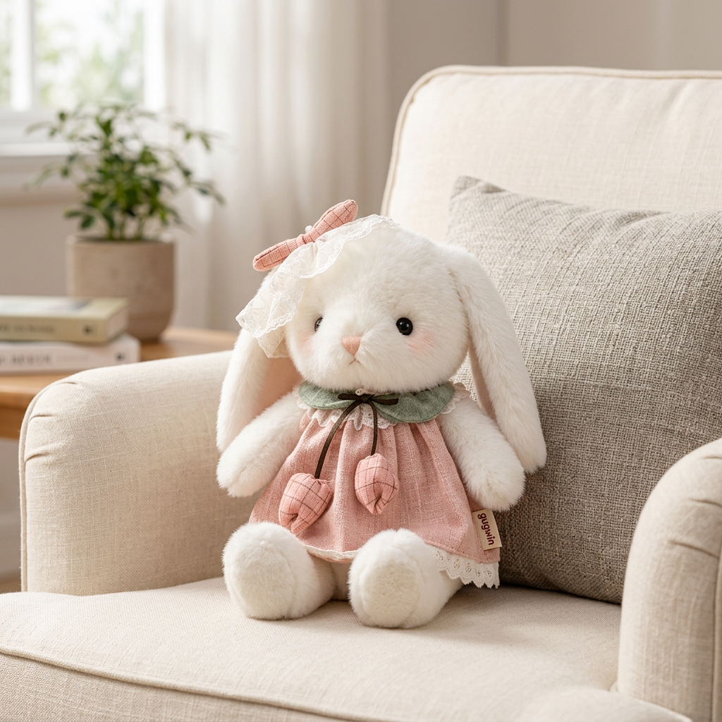 White lop-eared bunny soft toy in a lace-trimmed dress with green collar and head bow – view 6 of 9