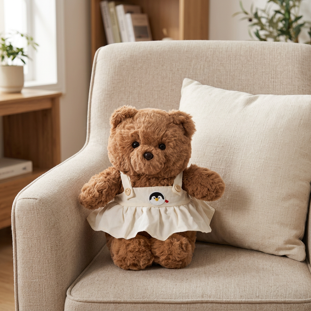 Small brown teddy bear in cream pinafore dress with penguin motif – view 6 of 7
