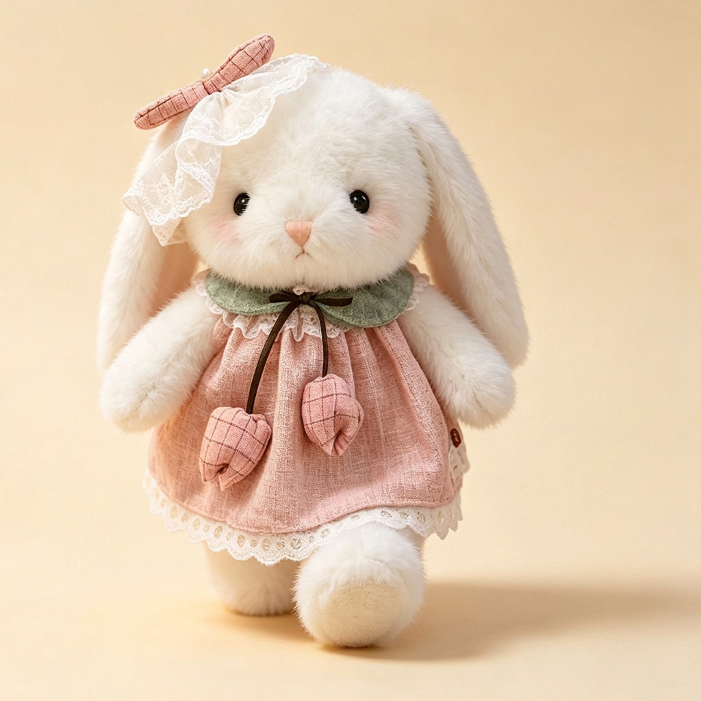 White lop-eared bunny soft toy in a lace-trimmed dress with green collar and head bow – pink, 28cm