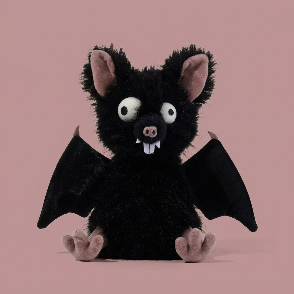 Funny face plush animal soft toy with oversized eyes and textured fur – Grinning Bat, 24cm