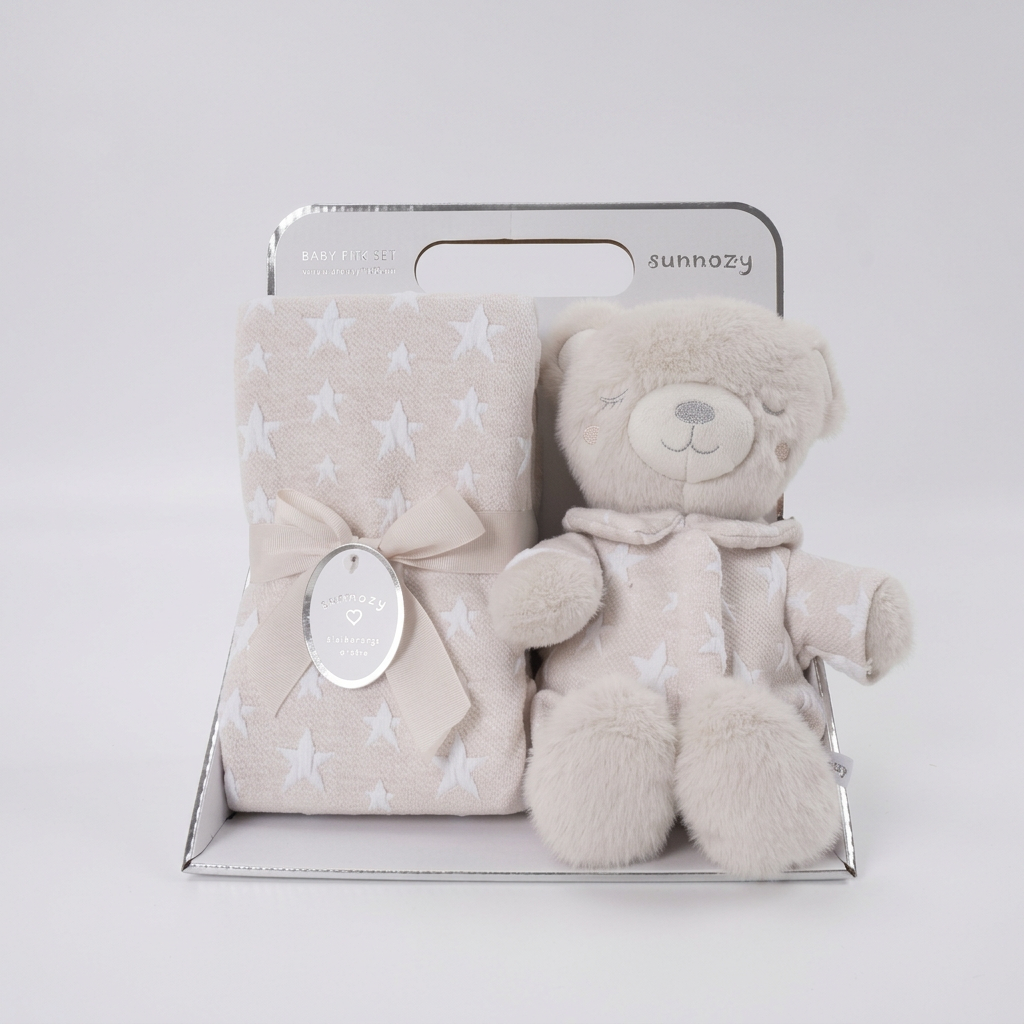 Flannel baby blanket with a matching animal soft toy gift set – Apricot Bear