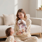 Cream plush bunny hand puppet comforter with ruffled collar and flower teether – view 7 of 8