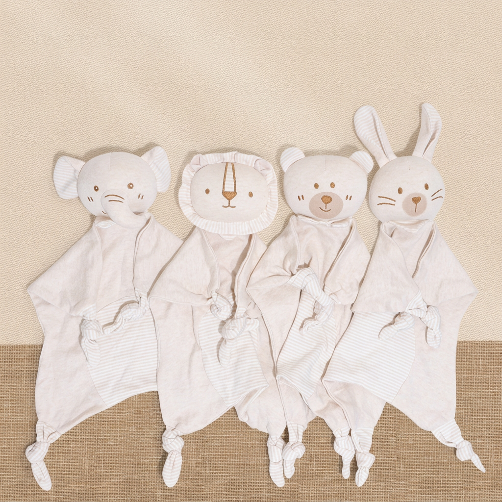 Cream fabric baby comforter with animal head, stitched face and knotted corners – view 9 of 11
