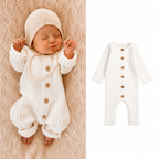 Ribbed Knit Baby All-in-One - Cream Cotton Blend Button Front Romper, 0 to 24 Months