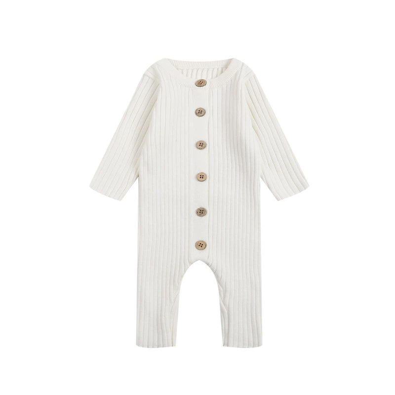 Ribbed Knit Baby All-in-One - Cream Cotton Blend Button Front Romper, 0 to 24 Months