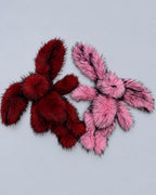 Cherry Red and Rose Pink 45cm faux fur bunny plush toys, flat lay